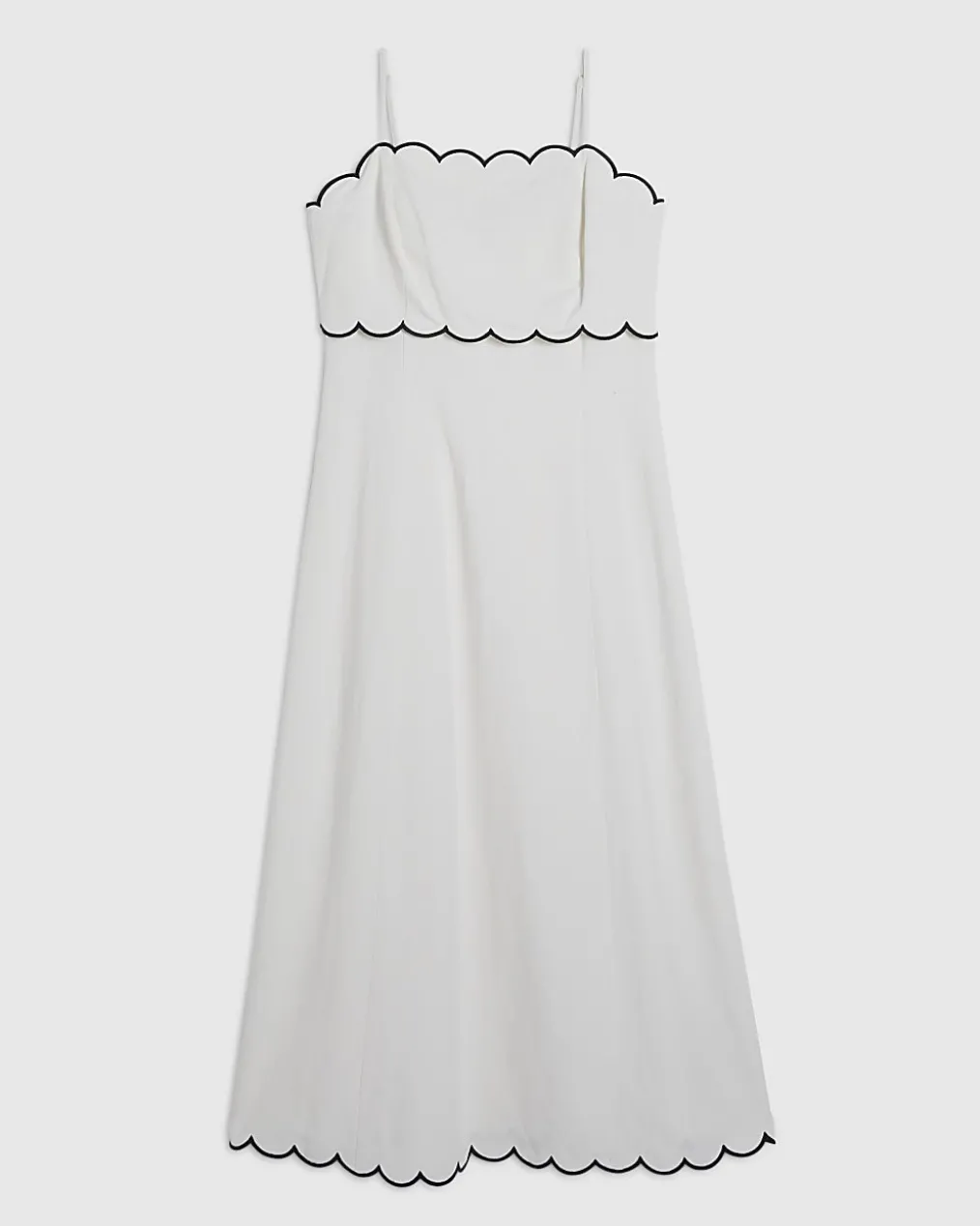 White Linen Blend Scallop Trim Midi Dress