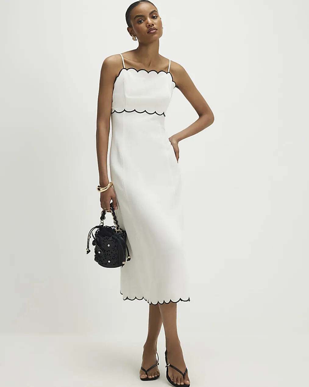 White Linen Blend Scallop Trim Midi Dress