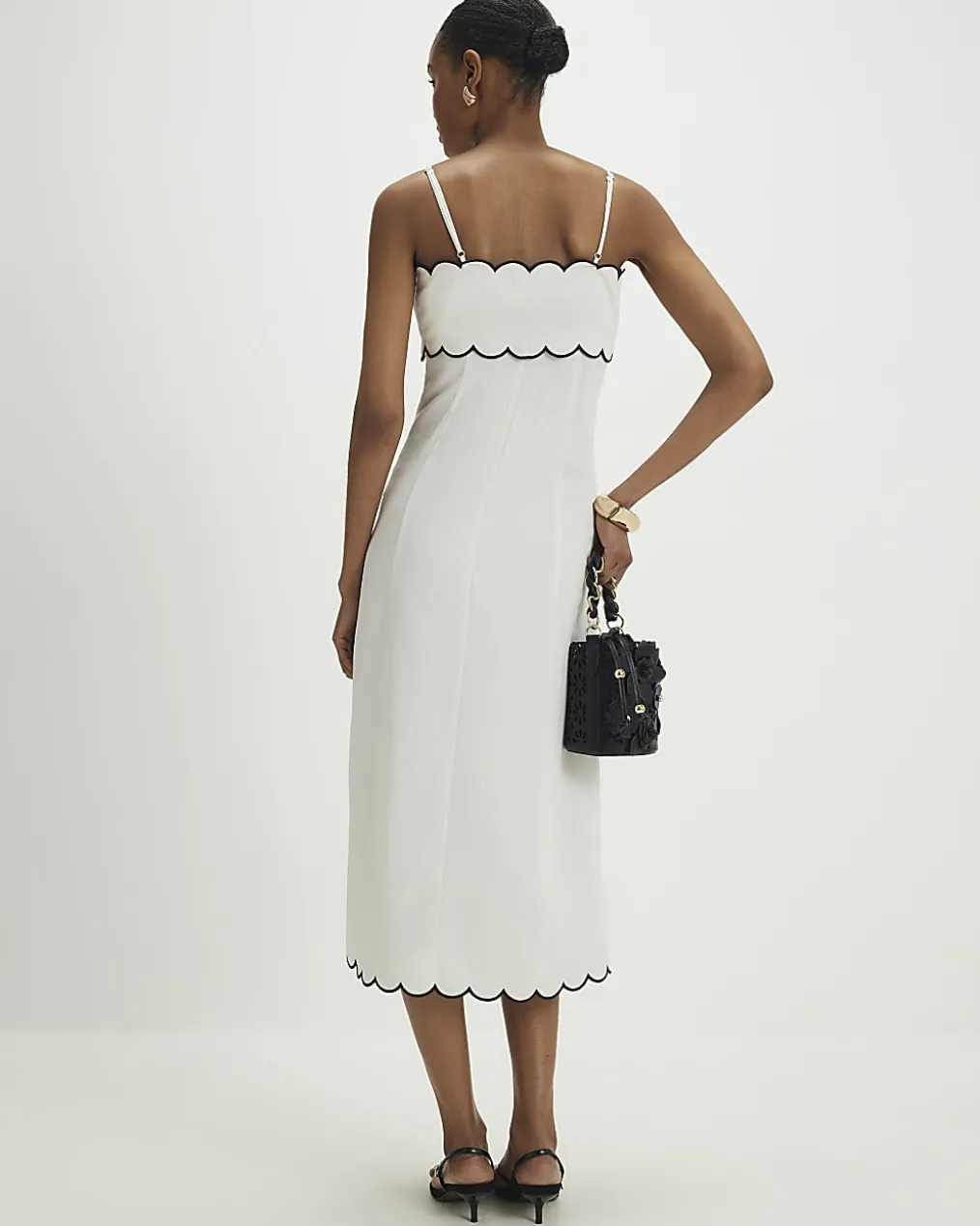 White Linen Blend Scallop Trim Midi Dress
