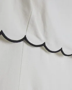 White Linen Blend Scallop Trim Midi Dress