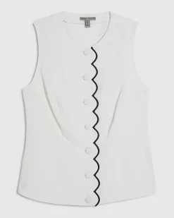 White Linen Blend Scallop Trim Waistcoat