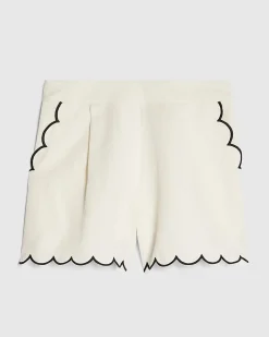 White Linen Blend Scallop Trim Shorts