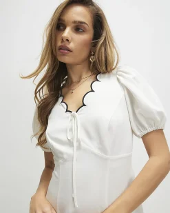 White Linen Blend Scallop Trim Mini Dress