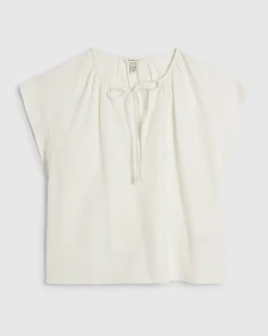 White Linen Blend Tie Neck Short Sleeve Top