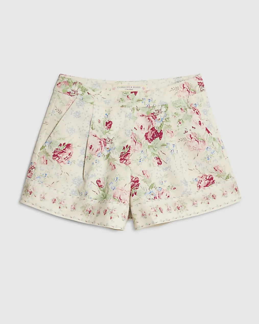 White Linen Blended Floral Printed Shorts