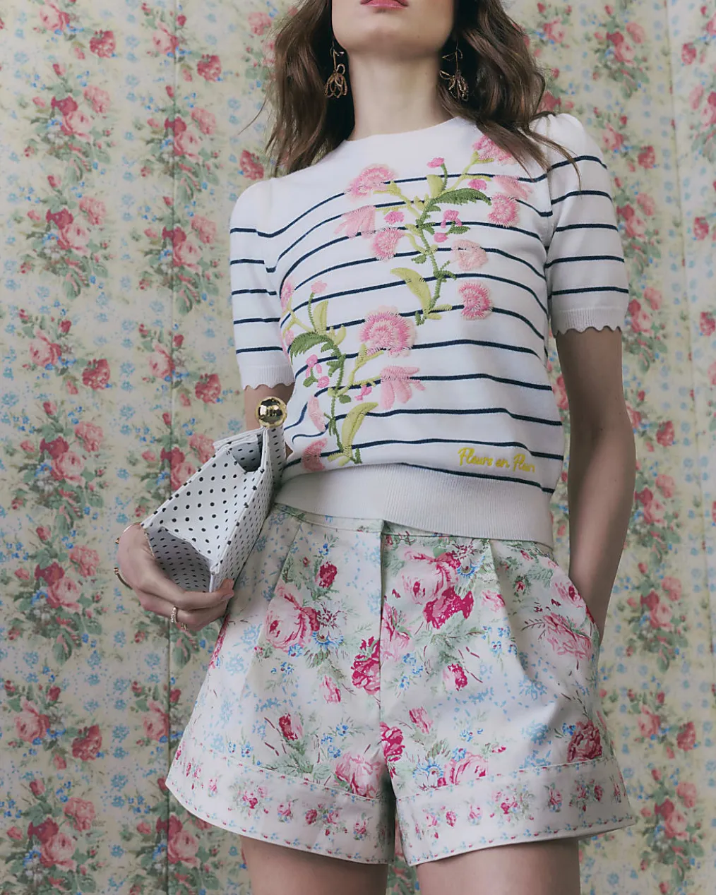 White Linen Blended Floral Printed Shorts