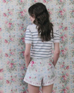 White Linen Blended Floral Printed Shorts