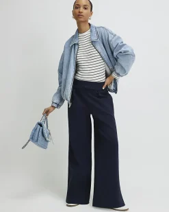 White Long Sleeve Ribbed Crew Neck Stripe Top