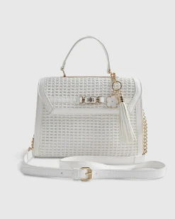 White Medium Woven Charm Tote Bag