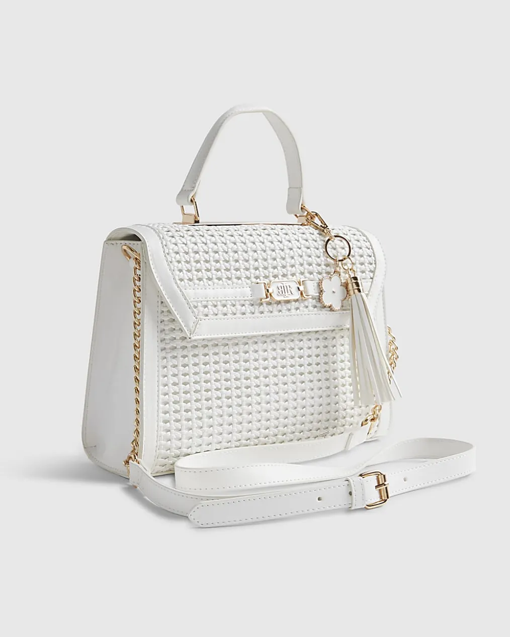 White Medium Woven Charm Tote Bag
