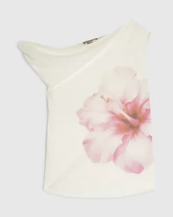 White Mesh Floral Print Top