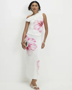White Mesh Floral Print Top