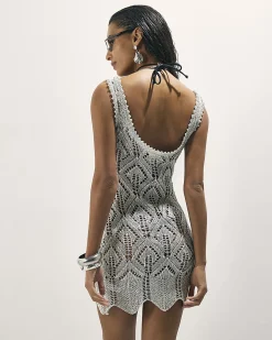 White Metallic Knit Tunic Beach Dress