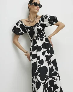 White Monochrome Floral Shirred Midi dress