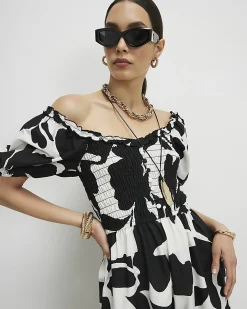 White Monochrome Floral Shirred Midi dress