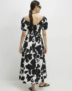 White Monochrome Floral Shirred Midi dress