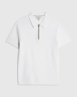 White Muscle Fit Stretch Rib Knit Polo Shirt