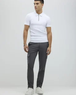 White Muscle Fit Stretch Rib Knit Polo Shirt