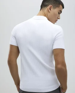 White Muscle Fit Stretch Rib Knit Polo Shirt