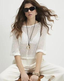 White Open Stitch Knitted T-Shirt