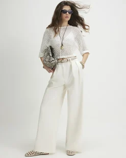 White Open Stitch Knitted T-Shirt