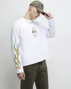 White Oversized Cotton Flame Sleeve T-Shirt