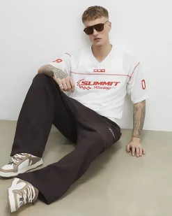 White Oversized Fit V Neck Mesh Print T-Shirt