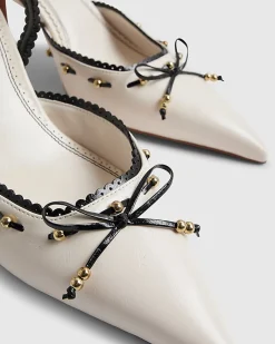 White Piped Bow Slingback Court Heels