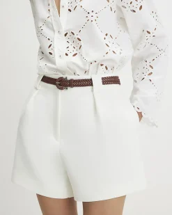 White Plaited Belt Tailored Shorts