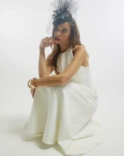 White Premium Bow Back Detail Midi Dress