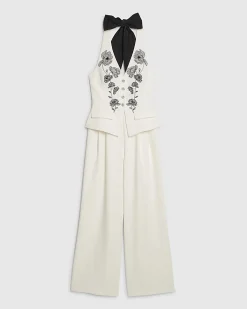 White Premium Halter Embroidered Jumpsuit