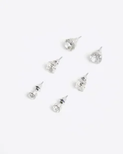 White Rhinestone Stud Pack Of 3 Earrings
