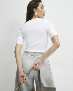 White Short Sleeve Cotton Fitted Top