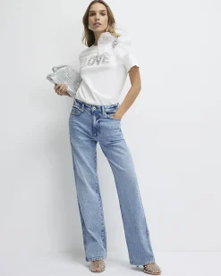 White Short Sleeve Embellished Love T-shirt