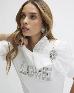 White Short Sleeve Embellished Love T-shirt