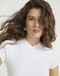 White Short Sleeve High V Neck Ribbed Top