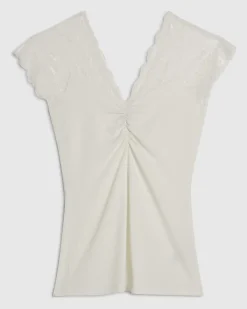 White Short Sleeve Lace Trim Ruched Top