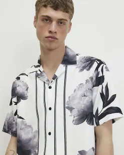 White Short Sleeve Monochrome Floral Shirt