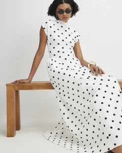 White Short Sleeve Polka Dot Maxi Dress