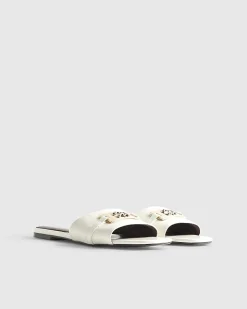 White Signature Trim Flat Mule Sandals