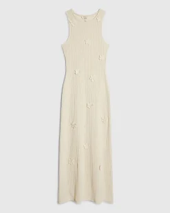 White Sleeveless 3D Flower Trim Midi Dress