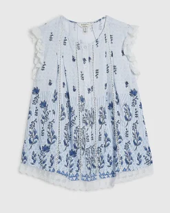 White Sleeveless Lace Trim Floral Blouse