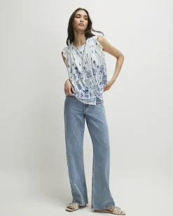 White Sleeveless Lace Trim Floral Blouse