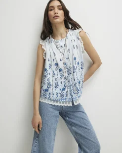 White Sleeveless Lace Trim Floral Blouse