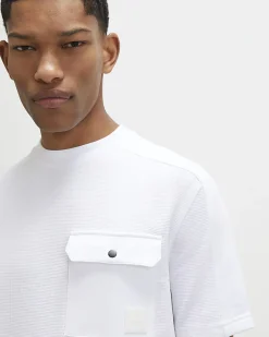 White Slim Fit Cotton Textured Pocket T-Shirt