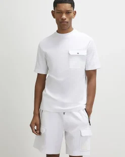 White Slim Fit Cotton Textured Pocket T-Shirt