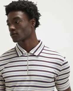 White Slim Fit Stripe Zip Polo Shirt