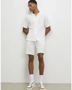 White Slim Fit Textured Stripe Shorts