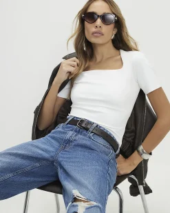 White Square Neck Fitted T-shirt