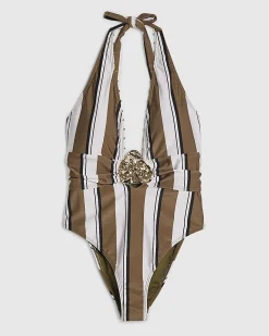 White Stripe Plunge Hardware Swimsuit
